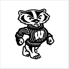 A Black and White version of the Bucky Badger logo on a white background